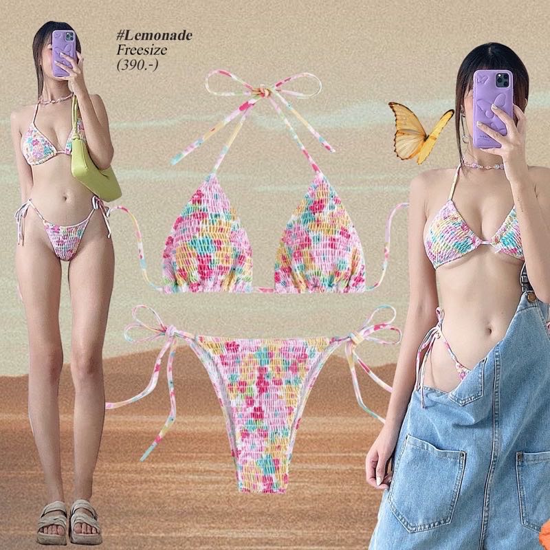 Lemonade bikini บกนผายนลายดอก ส pink green yellow orange