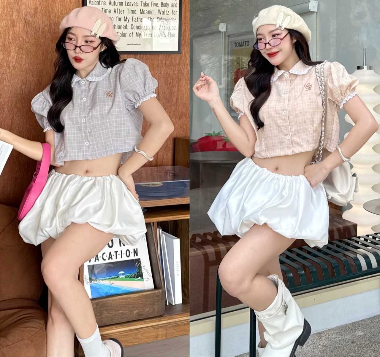 ครอปเชิ้ตคอปกแขนตุ๊กตา