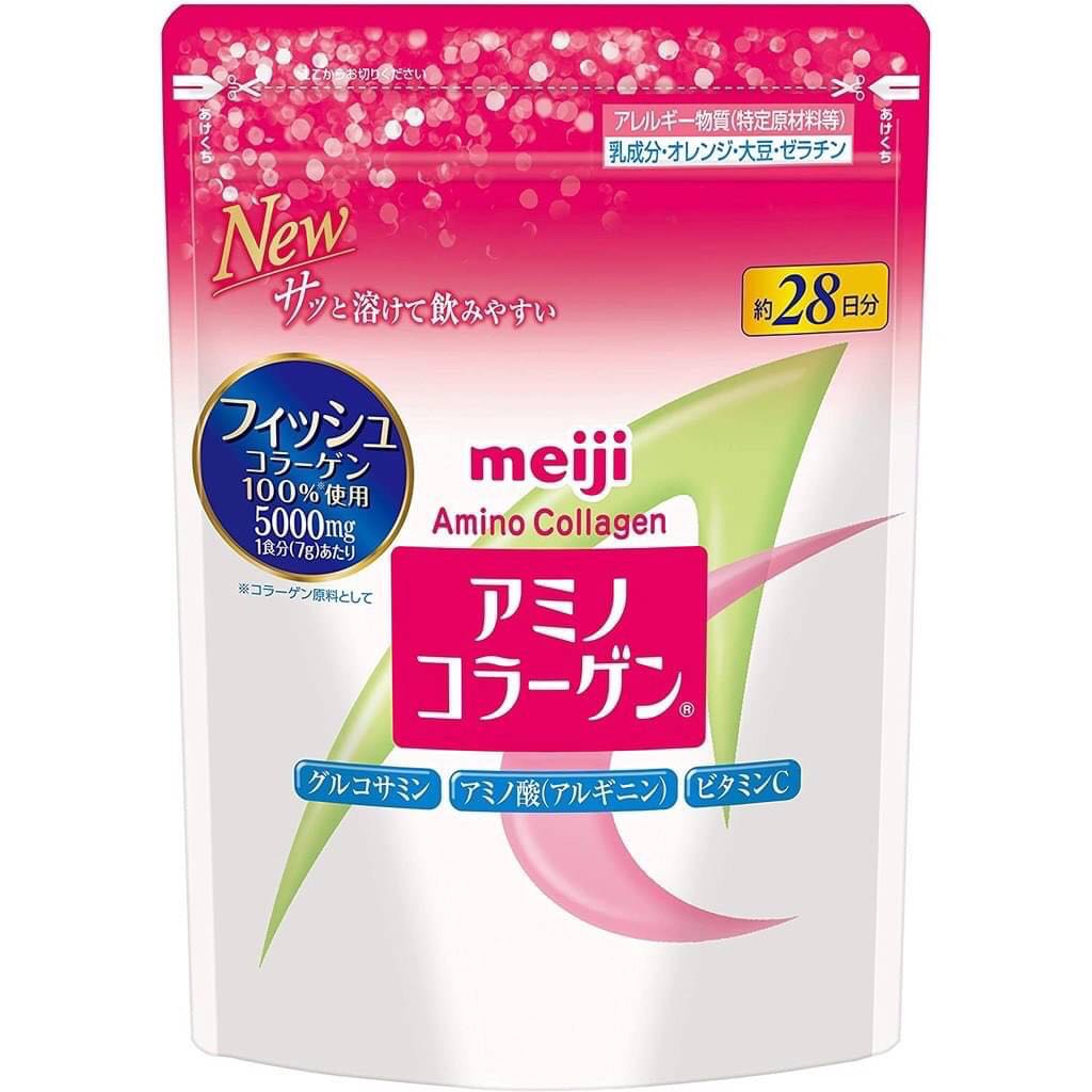 Meiji Amino Collagen เมจิ อะมิโน คอลลาเจนชนิดผง (สูตรปกติ-ซองขาวชมพู) ทานได้ 28 วัน 196g.