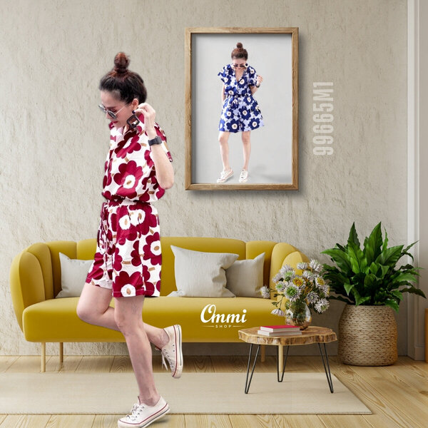 Ommishop 99665M1 ชุดเซ็ท เสื้อคอปก และกางเกงขาสั้น ลายดอก Mari มารีเมกโกะ Cotton Japan 100% (Bonu...
