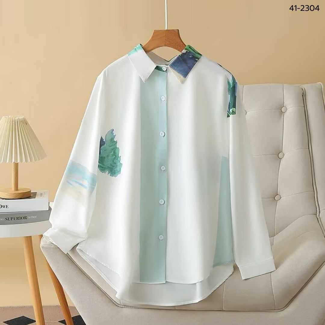 41-2304 เสื้อเชิ้ตสีขาว พิมพ์ลายสีเขียว