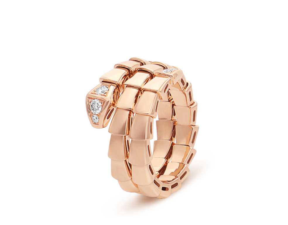Serpenti Viper two-coil 18 kt rose gold ring set with pavé diamonds on the head and tail