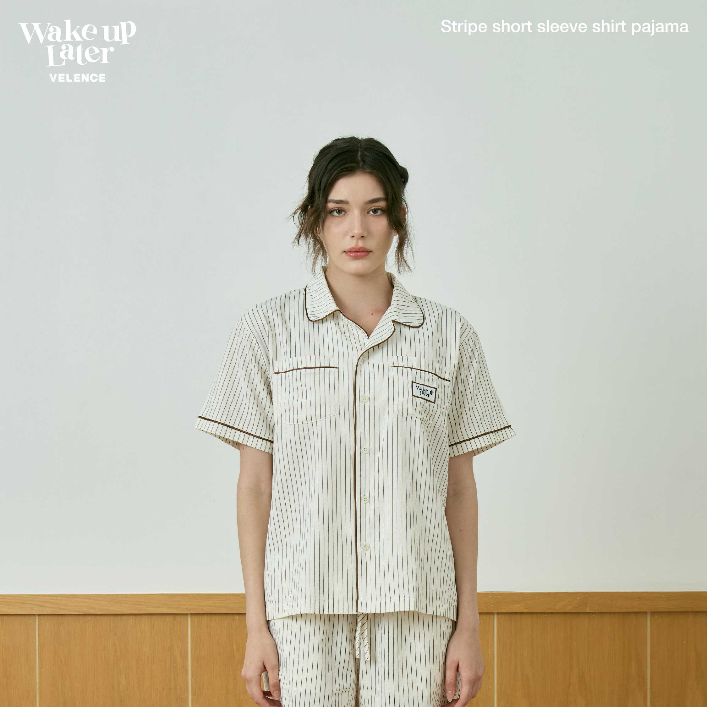 Beige Stripe Short Sleeve Shirt Pajama 'Wake Up Later'