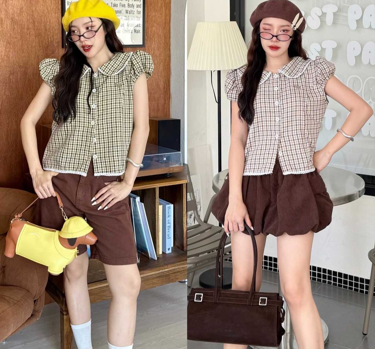 เสื้อเชิ้ตคอปกทรงคอบัวแต่งขอบลูกไม้ ทรงแขนดอลลี่