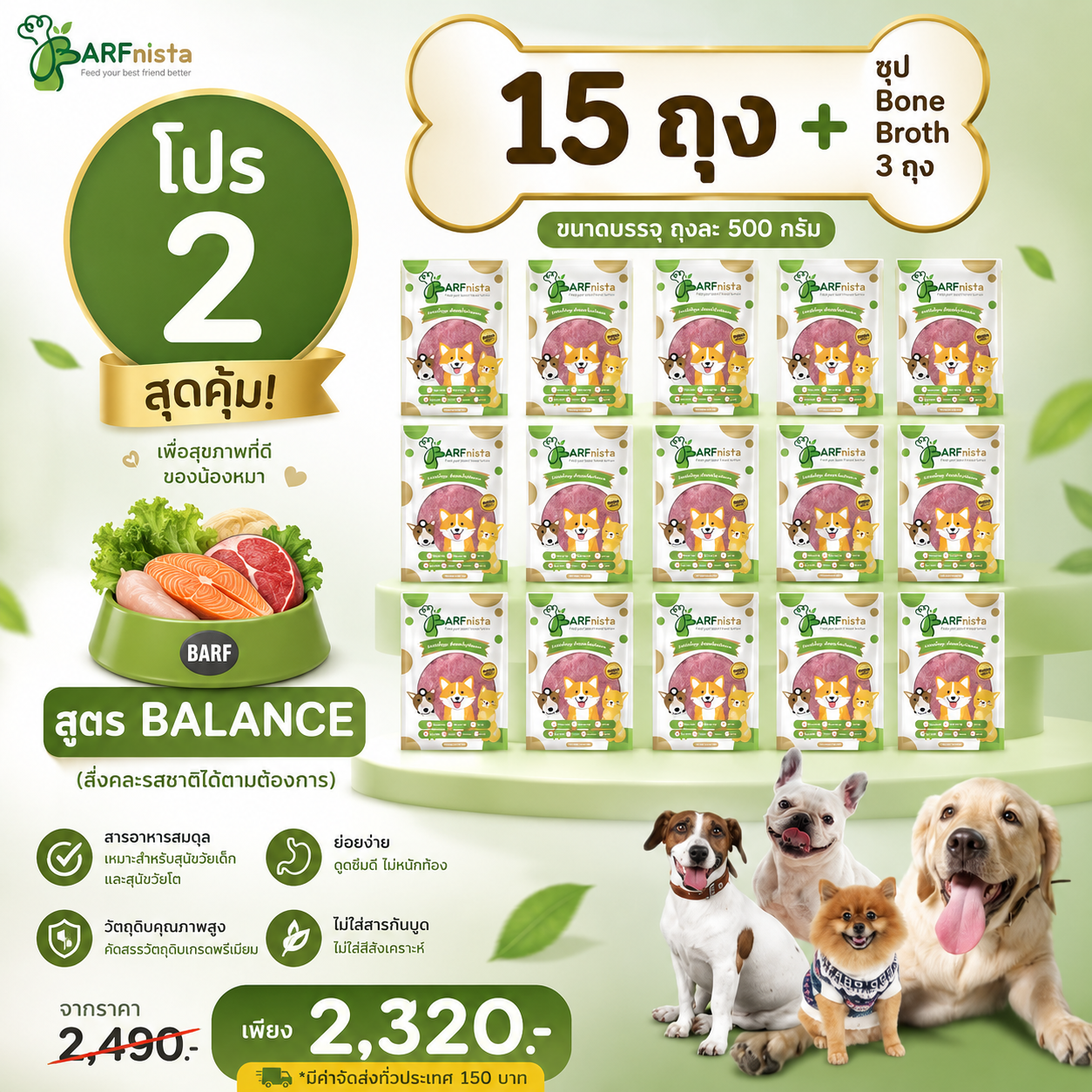 บาร์ฟสุนัข สูตร BALANCE คละรส สำหรับลูกสุนัขและสุนัขโต  โปรที่ 2 จำนวน 15 ถุง + ซุป 3 ซอง