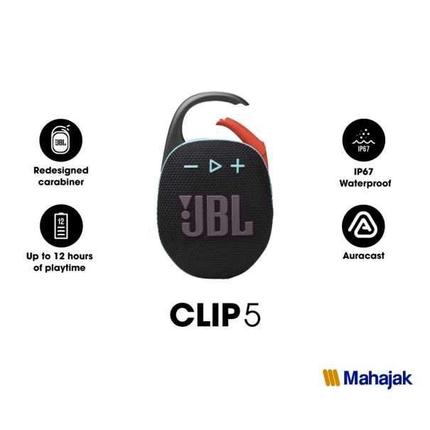 JBLCLIP5 สีดำ-ส้ม  ลำโพงบลูทูธขนาดเล็กพกพากันน้ำ #JBL#JBLCLIP5#MAHAJAK