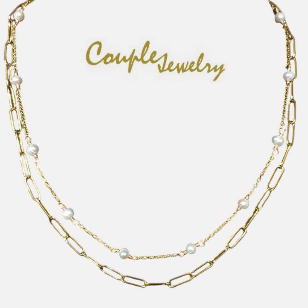 Couple jewelry สร้อยคอมุกแท้  2 เลเยอร์ ชุบทอง 18k