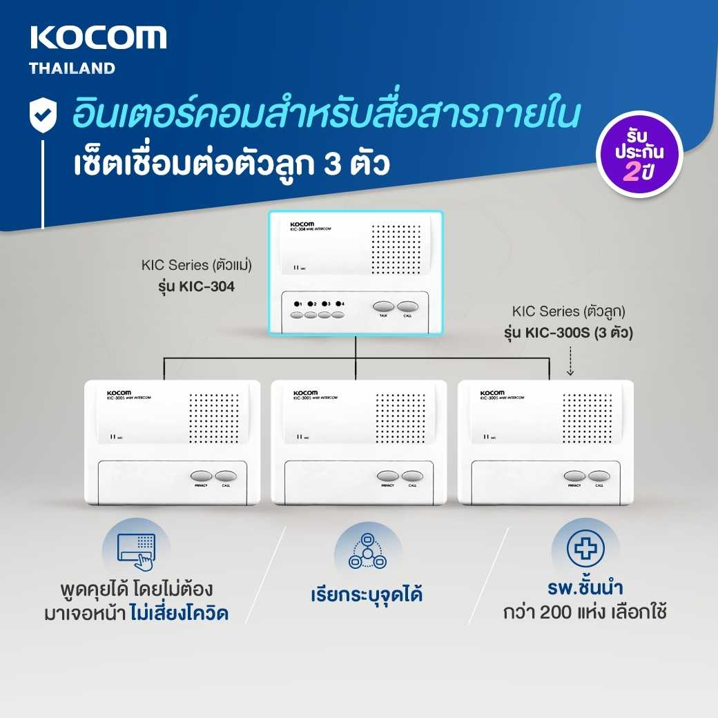 KOCOM INTERCOM อินเตอร์คอม ตัวแม่รุ่น KIC-304 + ตัวลูกรุ่น KIC-300S 3 ตัว แถม ฟรี Adaptor 6 Volt