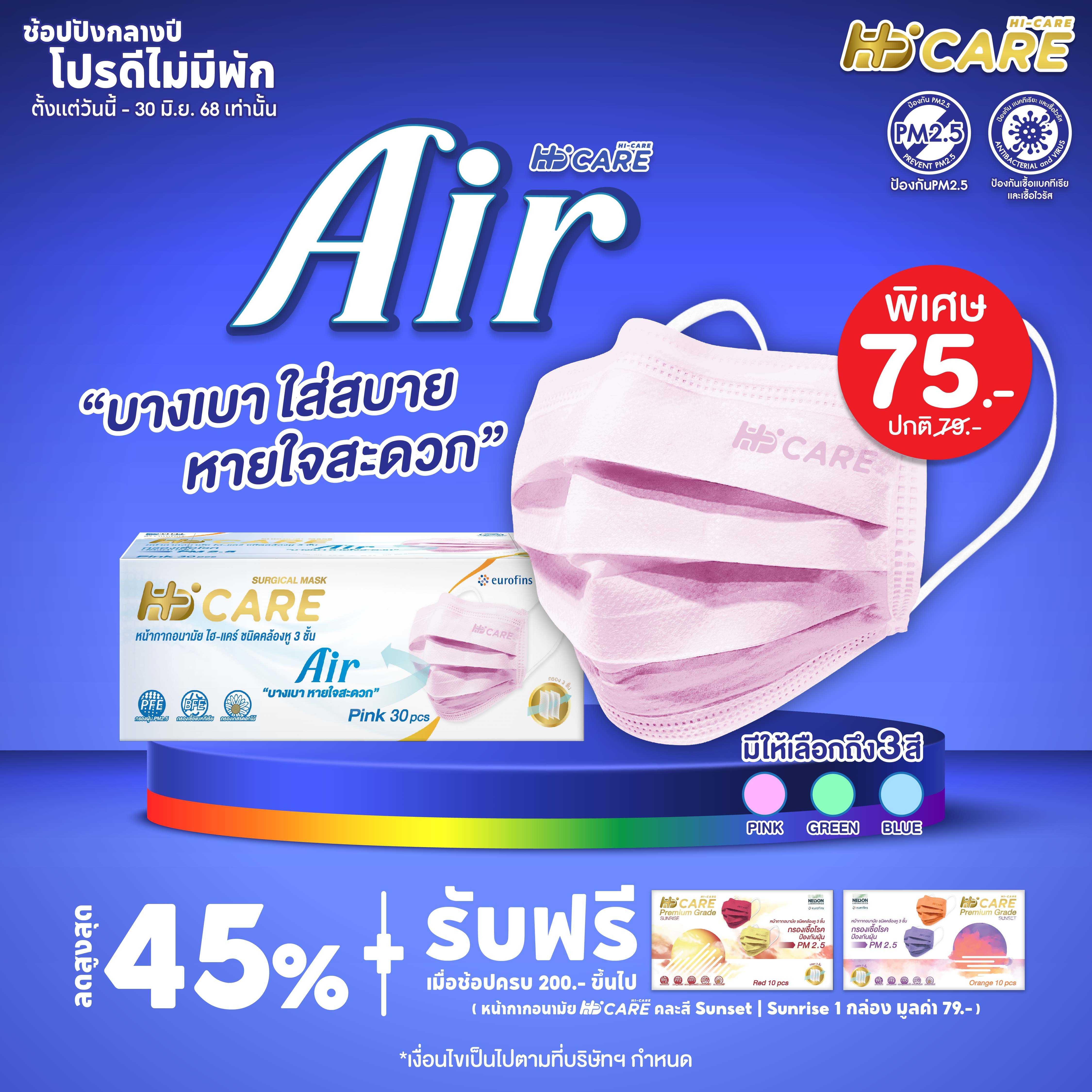 Hi-Care Air (สีชมพู, สีเขียว, สีฟ้า) หน้ากากอนามัย เบาสบายหายใจสะดวก ไม่ระคายเคือง / 30 ชิ้น
