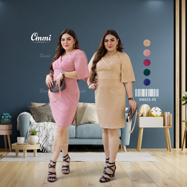 Ommishop ชุดราตรีสั้น 9465ZS-PS แขนศอก คาดอกกิโมโน เดรสออกงาน ชุดงานแต่ง เพื่อนเจ้าสาว เดรสสาวอวบ...