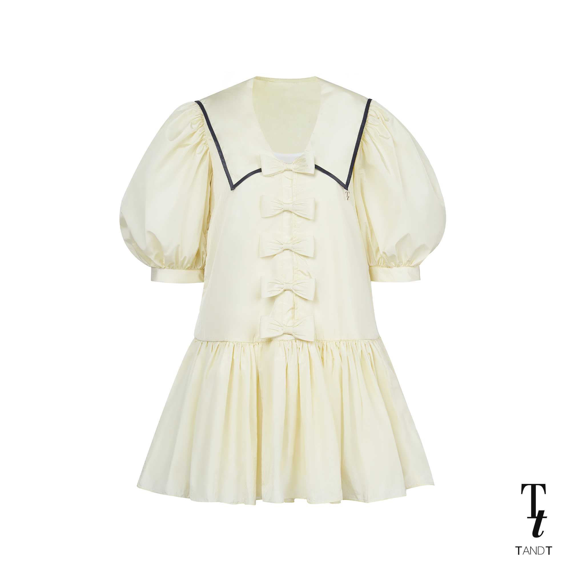 ROLLAND - BOWS HAND-CRAFTED TANDT EMBELLISHED SAILOR COLLAR PUFF SLEEVE MINI DRESS