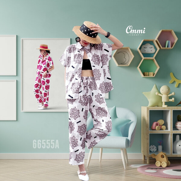 Ommishop 66555A ชุดเซ็ท เสื้อแขนสั้นคอปก และกางเกงขายาว ลายดอกอะจิไซ Cotton Japan 100% (Bonus)[66...