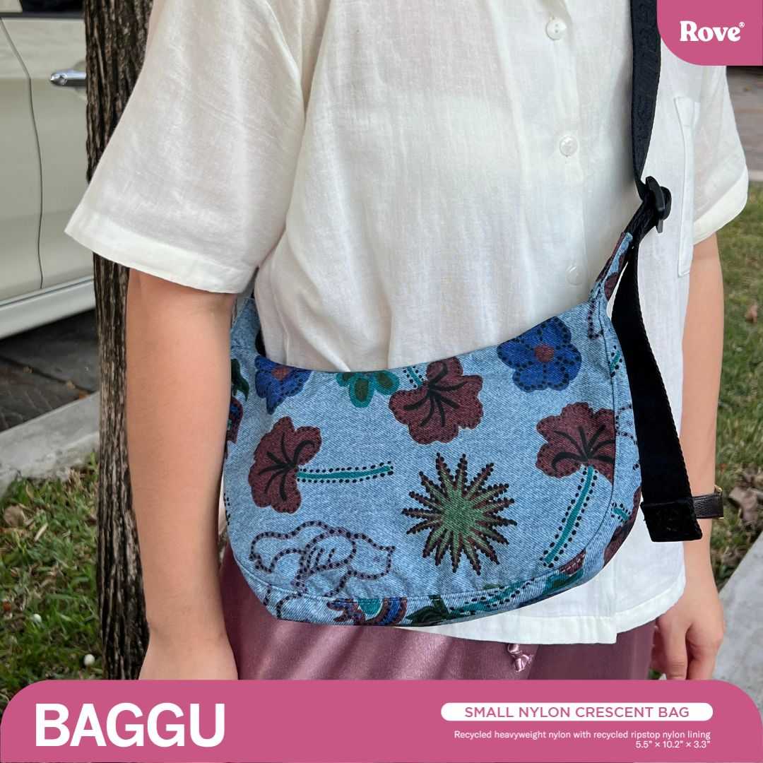 BAGGU Small Nylon Crescent Bag - Digital Denim Birds