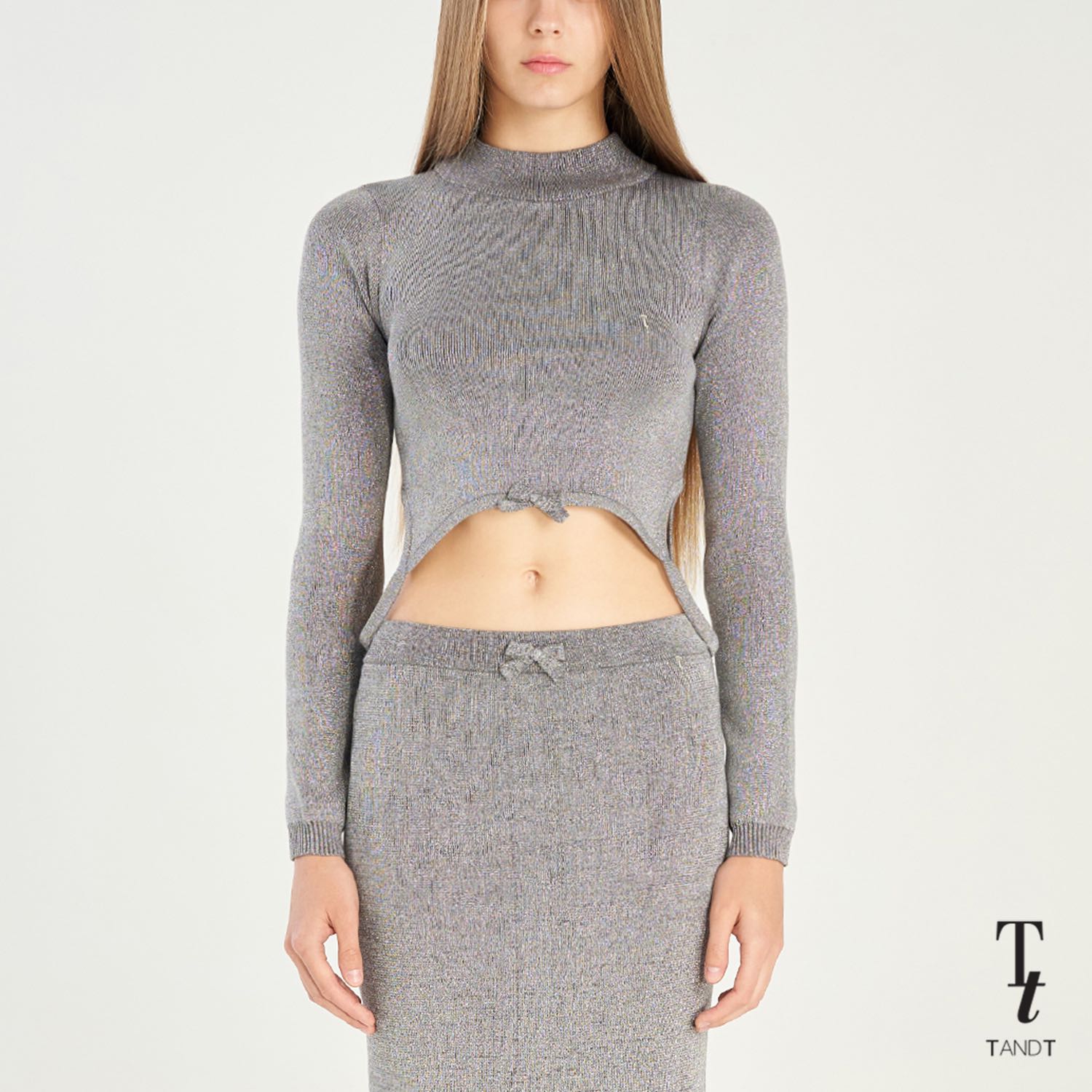 TandT - NINI GREY TOP - TURTLE NECK BOW TRIM CROP KNITTED TOP