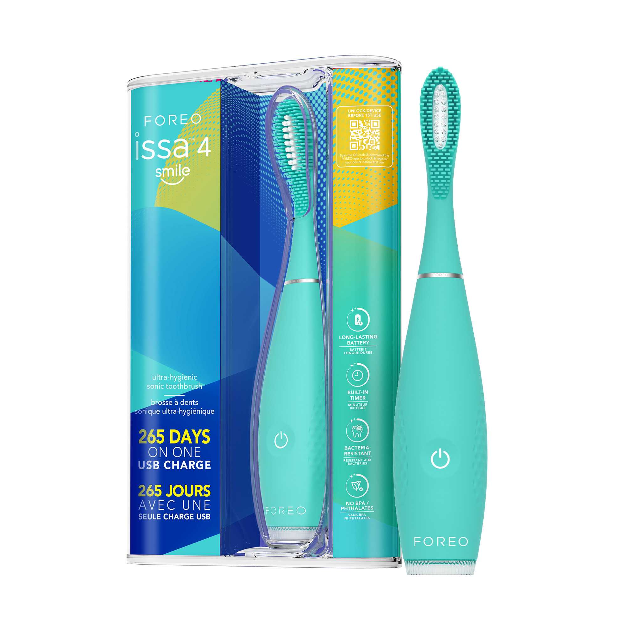 FOREO ISSA™ 4 smile แปรงสีฟันไฟฟ้า ขนาดกะทัดรัด หัวแปรงไฮบริด ขนนุ่ม– สี Summer Sky