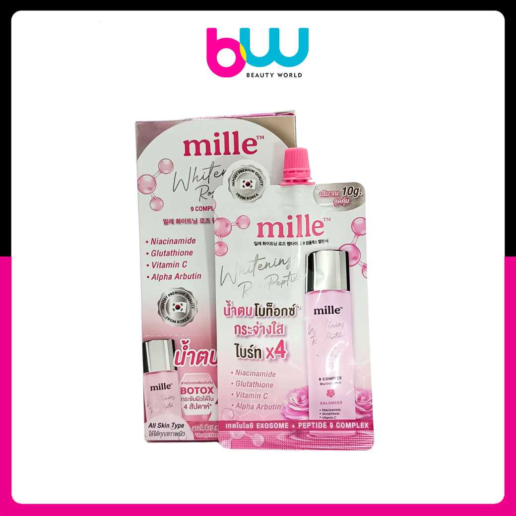 [กล่องx6ซอง] Mille น้ำตบกุหลาบ Whitening Rose Peptide 9 Complex 10 ml. น้ำตบโบท็อก