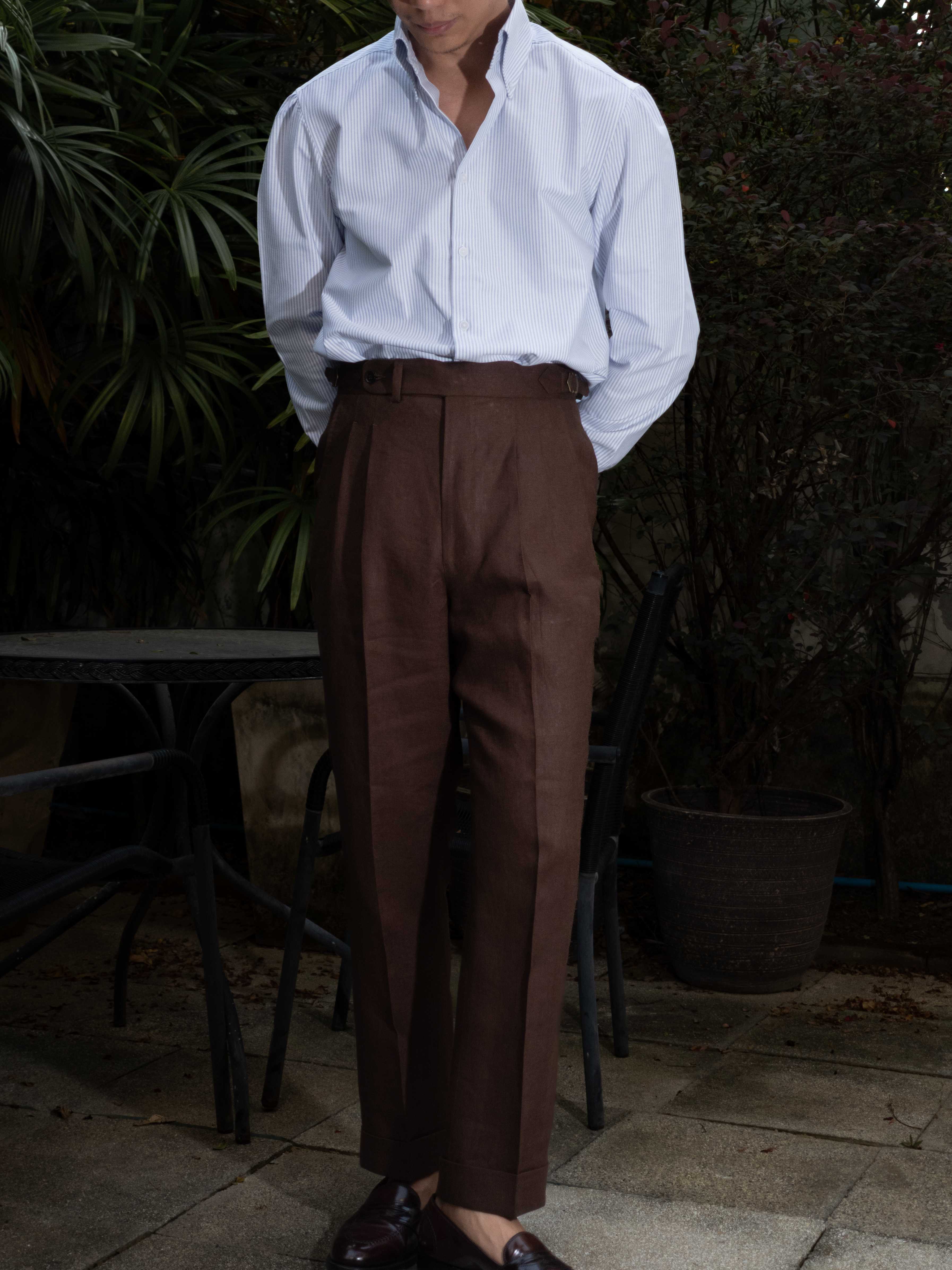T9LN-PINE  กางเกงลินินขายาวเอวสูง Classic High Waist Trousers  PINE