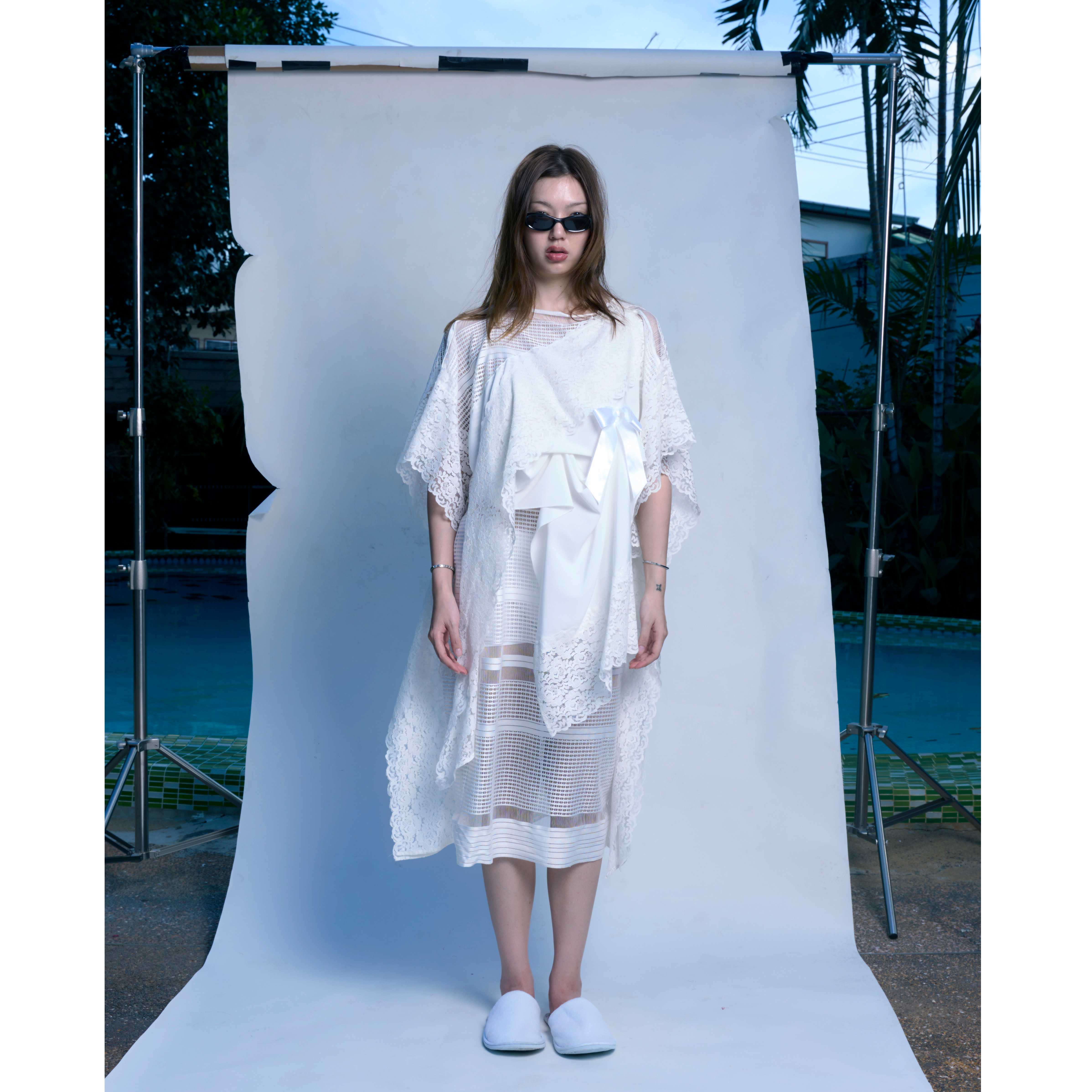 Rotsaniyom White Lace Kaftan Dress with Bow detail