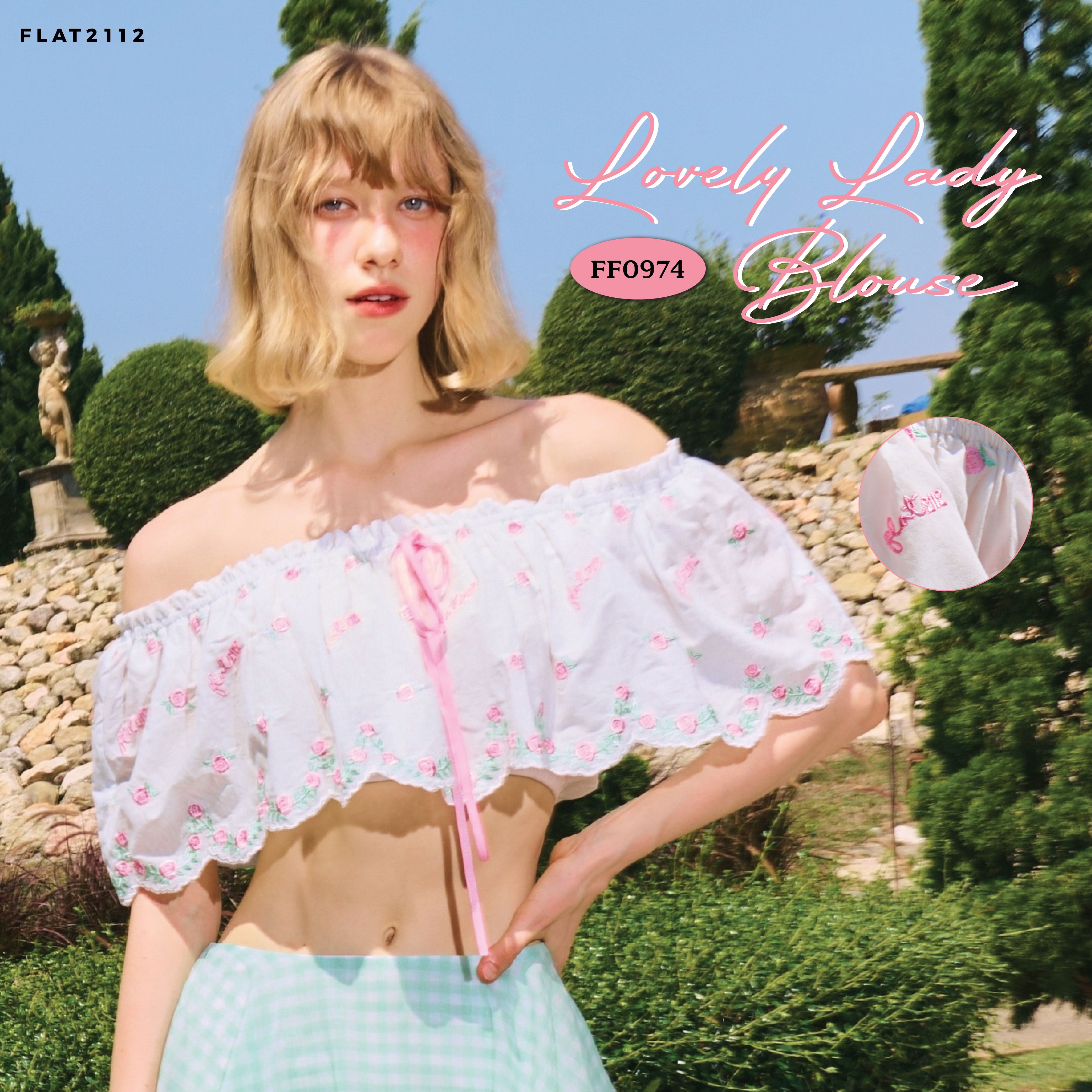 FLAT2112 FF0974 : LOVELY BLOUSE Blouse เสื้อปาดไหล่ เสื้อปักลาย เสื้อครอป