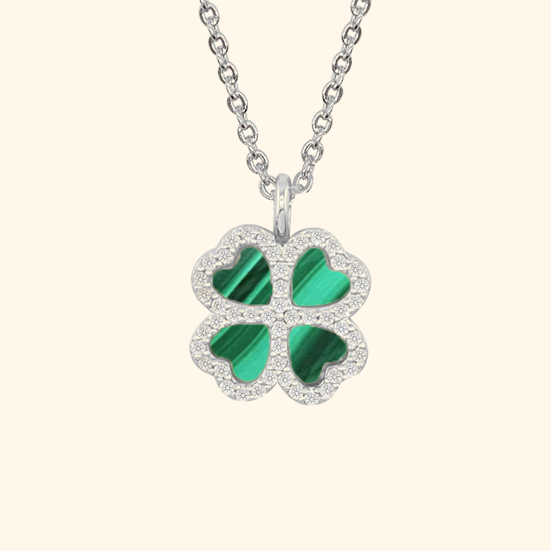 สร้อยคอโคลเวอร์ลายมาลาไคต์ S925 (Lucky Emerald Clover Necklace)