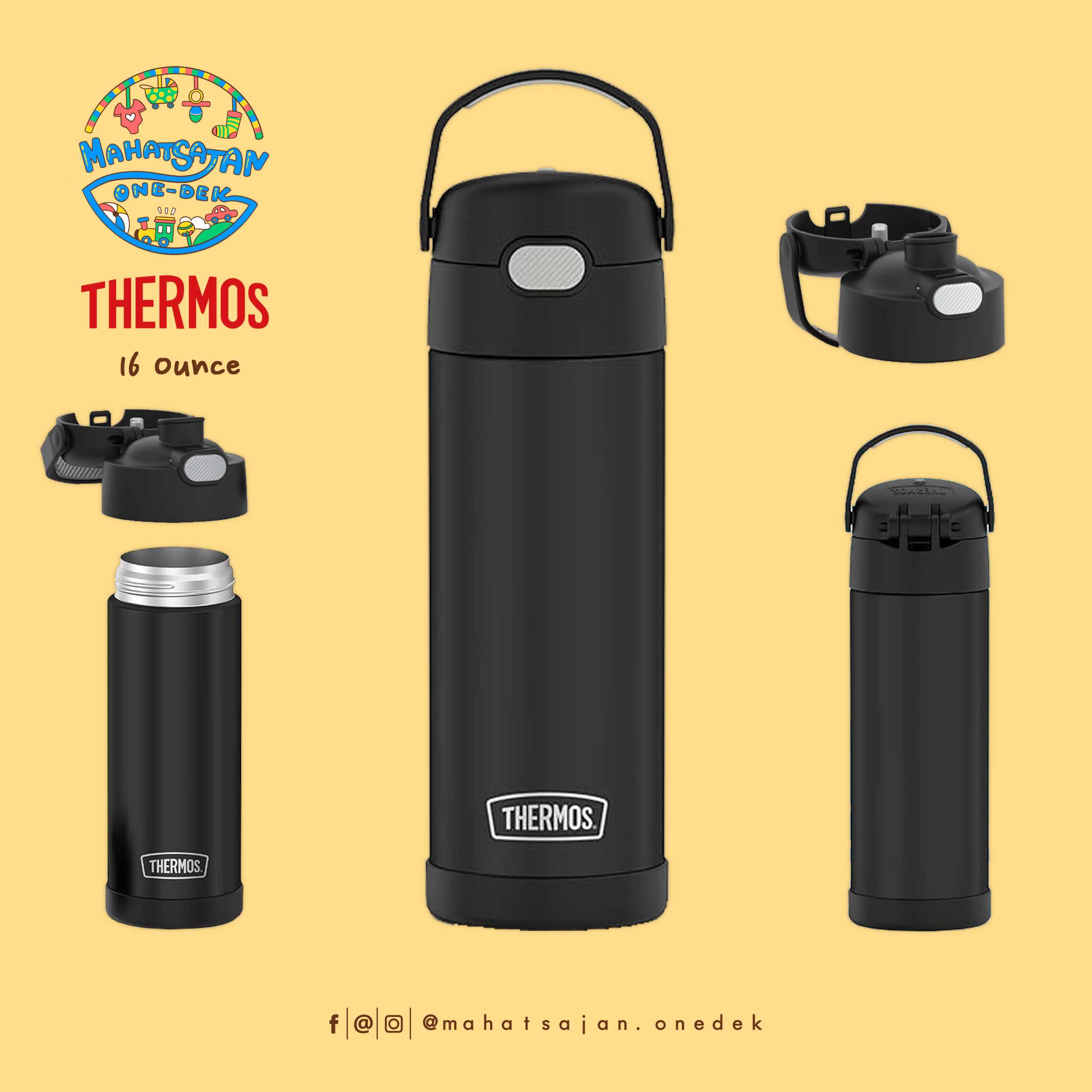 Matte Black The Funtainer 16 Oz Stainless Steel Water Bottle  กระติกน้ำเก็บอุณหภูมิ ยกดื่ม