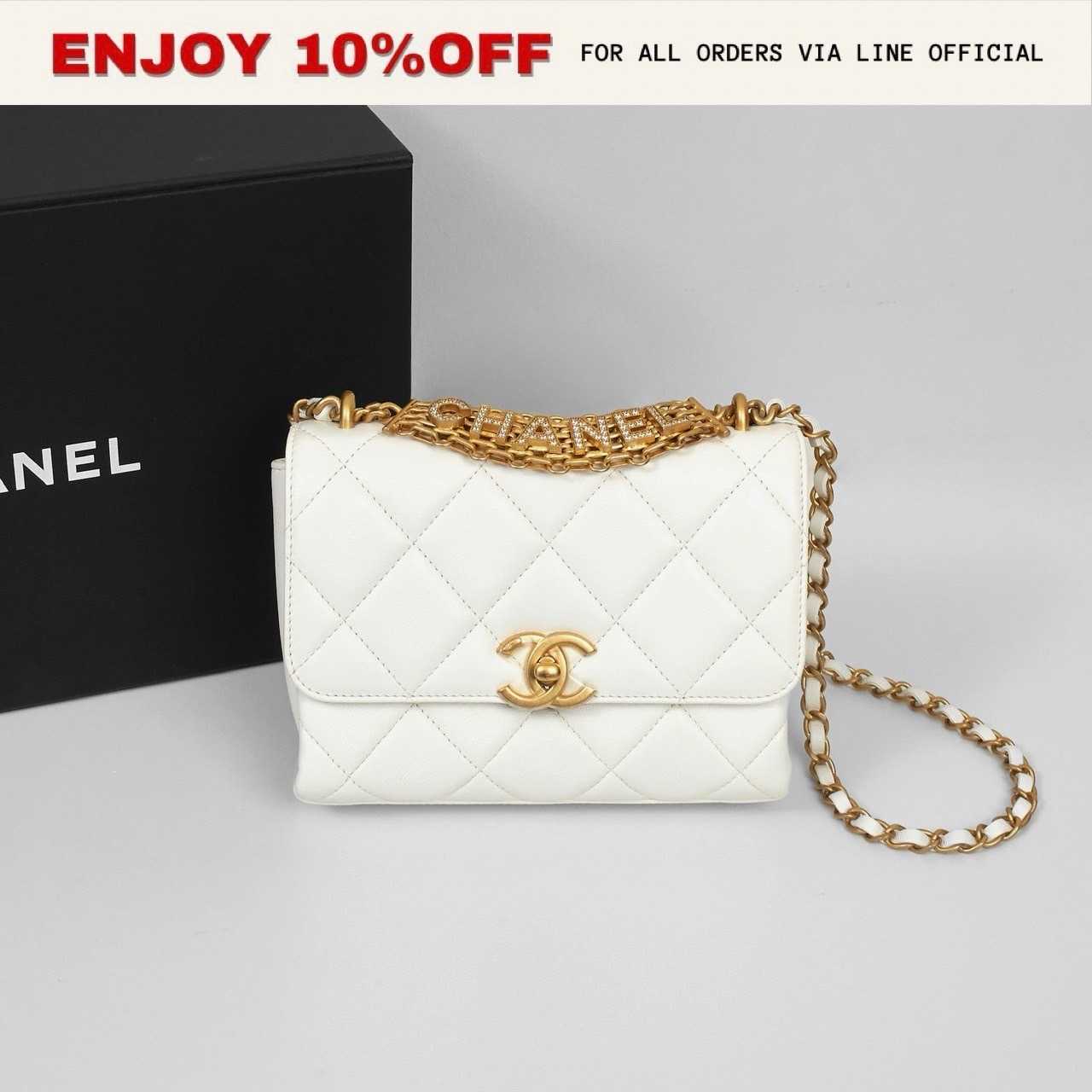 NEW! CHANEL Mini Flap 7'' สี White Lambskin AGHW Microchip | Bag