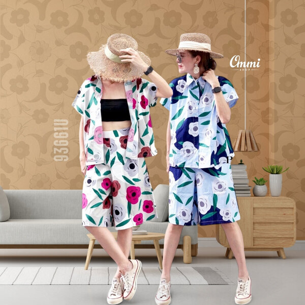 Ommishop 93661U ชุดเซ็ท เสื้อปกเชิ้ต และกางเกงขาสั้น ลายดอกอุเมะ Cotton Japan 100% (Bonus)[93661]