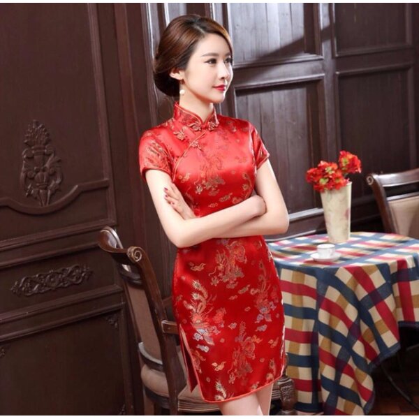ชุดจีน กี่เพ้า สีแดงสด ลายมังกร แบบสั้น