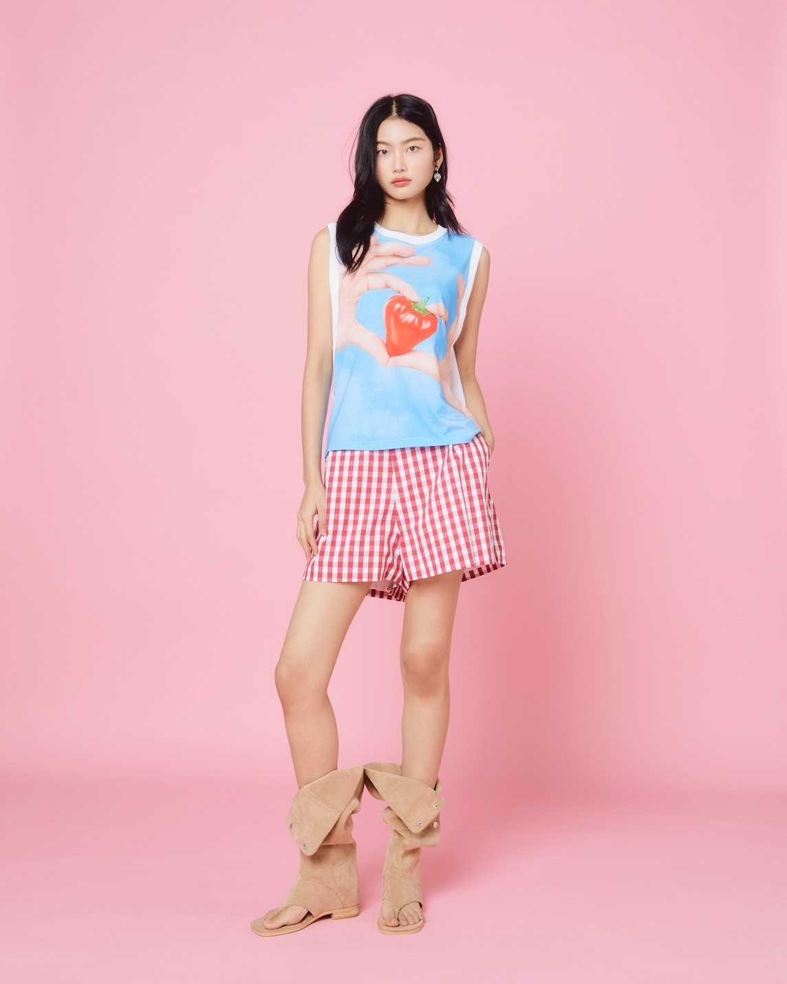 Tohns Gingham Shorts กางเกงขาสั้นลายสก็อตสีแดง-ขาว