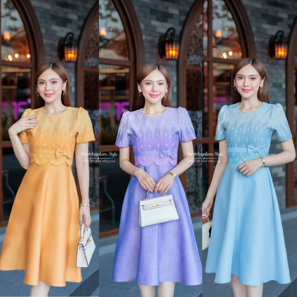 ชุดเดรสผ้าไทย ชุดเดรสผ้าทอลาย คอกลม กระโปรงทรงย้วย แต่งเอวหยัก มี size S-5XL น่ารักมาก สวยดูดีสุดๆ