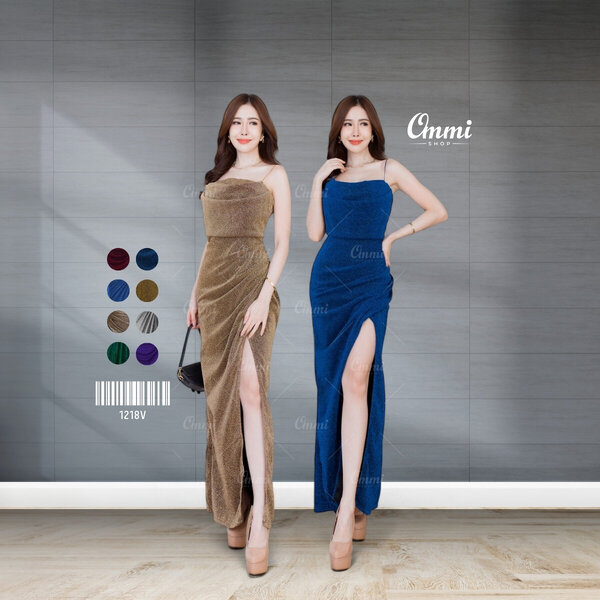 Ommishop ชุดราตรี 1218V สายเดี่ยวคอถ่วง ผ้าวิ้งเพชร เดรสออกงาน ชุดงานแต่ง เพื่อนเจ้าสาว