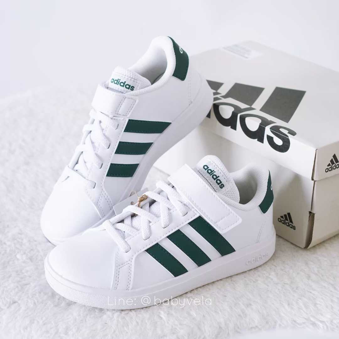 Adidas Grand Court Elastic Lace And Top Strap Shoes (Cloud White/Collegiate Green/Cloud White)