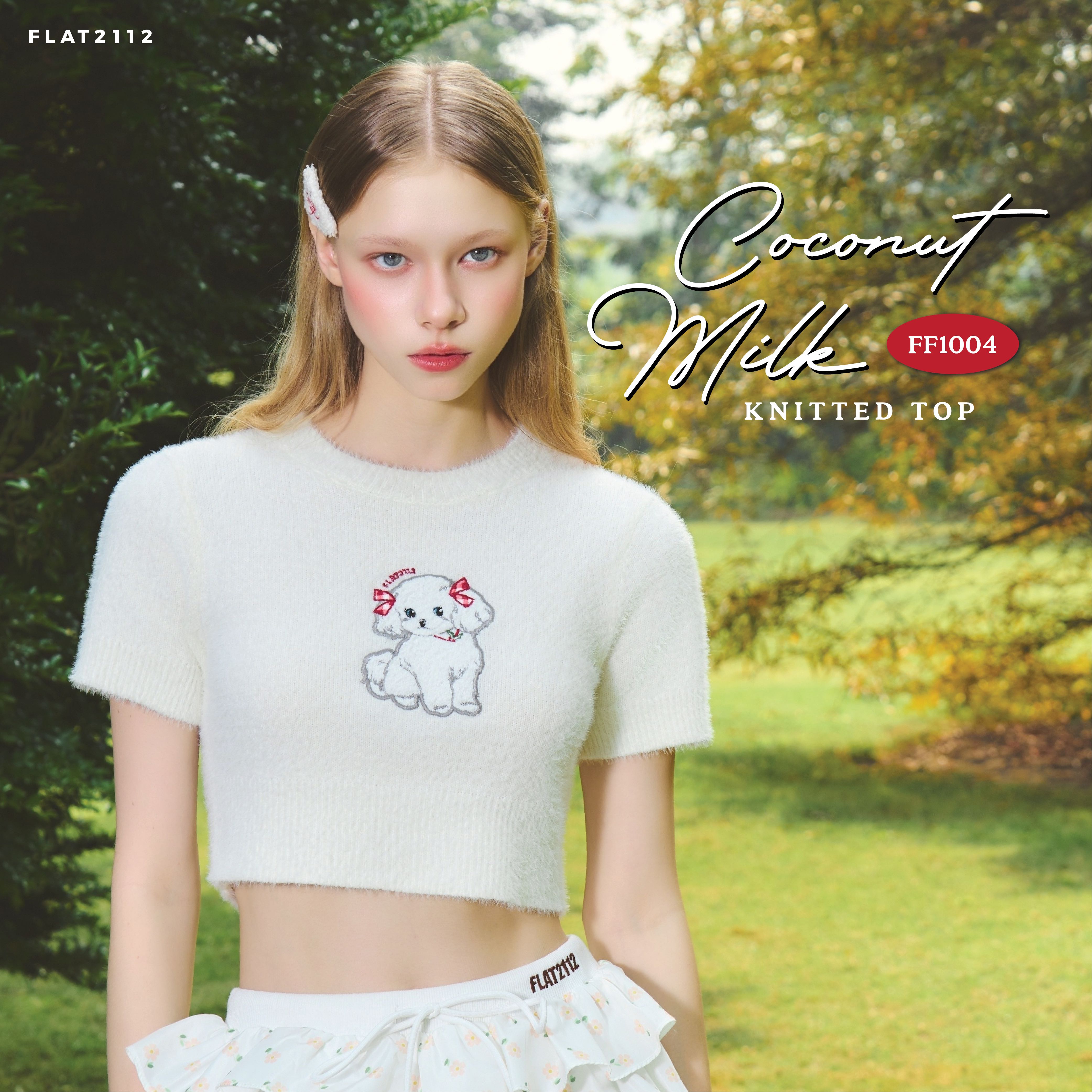 FLAT2112 FF1004 : COCONUT MILK KNITTED TOP เสื้อครอป เสื้อครอปปักลาย