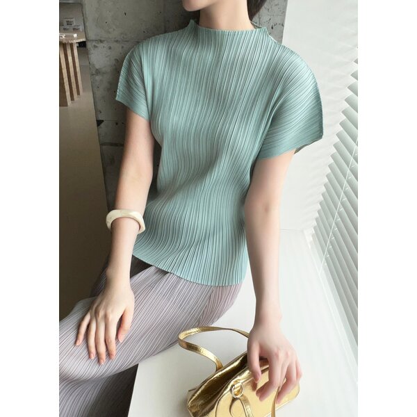 2MUAY รุ่น GJO1616 เสื้อพลีทคุณภาพ HIGH NECK SHORT SLEEVE PLEATED TOP 15 สี FREE SIZE