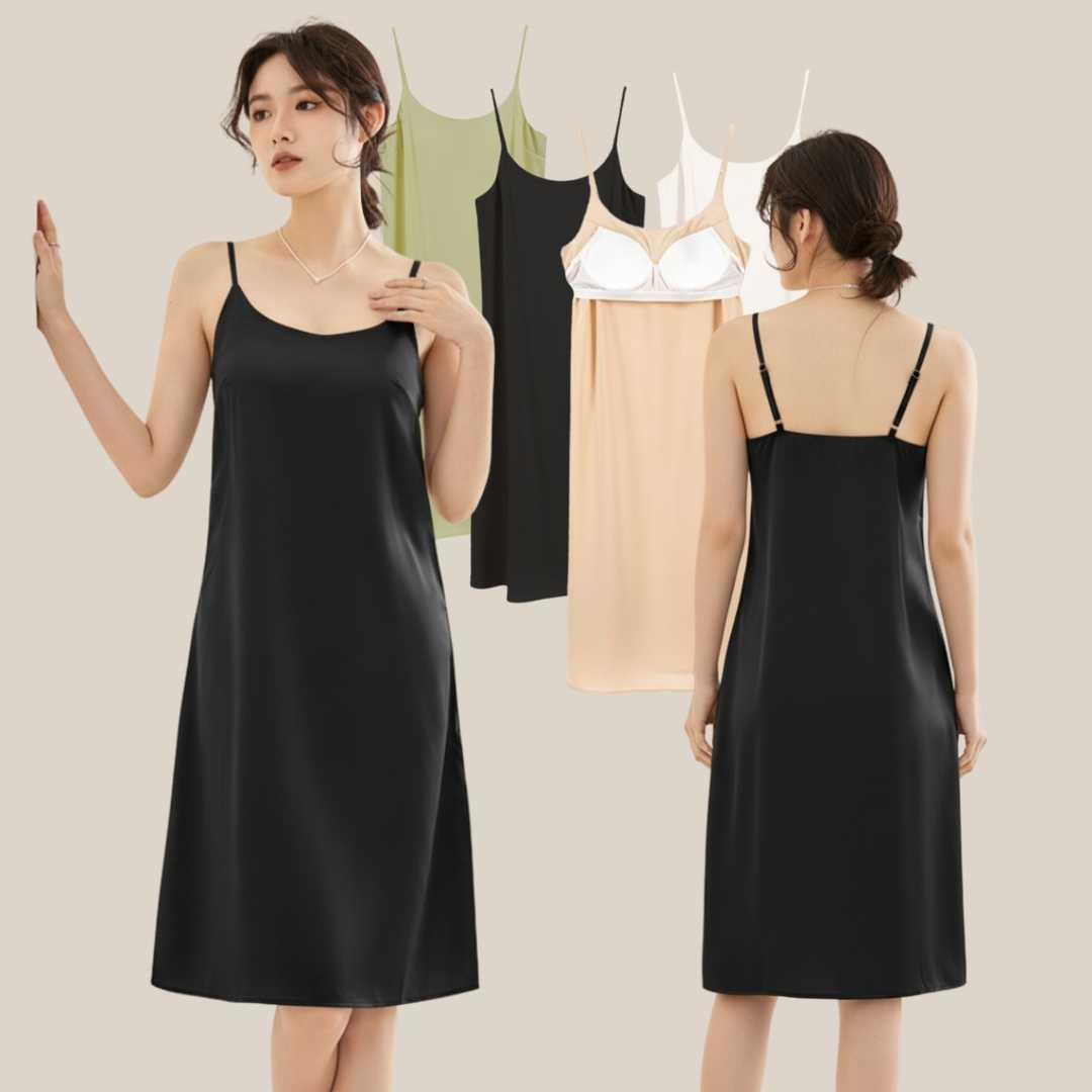 WsimpleBra | Selena Long Pajamas Adj ชุดนอน เดรสยาว สายเดี่ยว ผ้าซาติน แบบปรับสายได้ มีบราในตัว