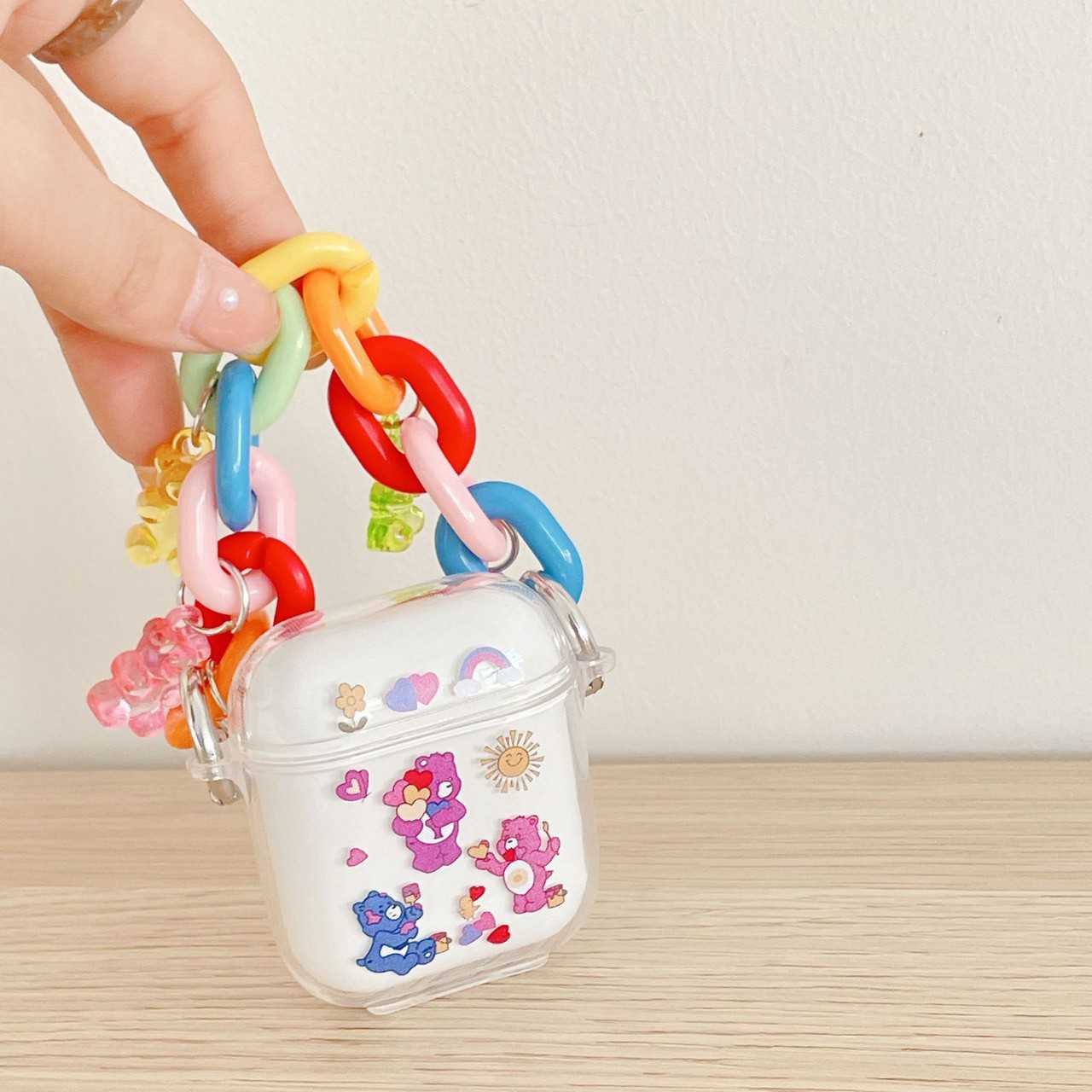 ♥ เคส Airpods : Carebears : ยางใสลายแคร์แบร์+โซ่สายคล้องเรนโบว์