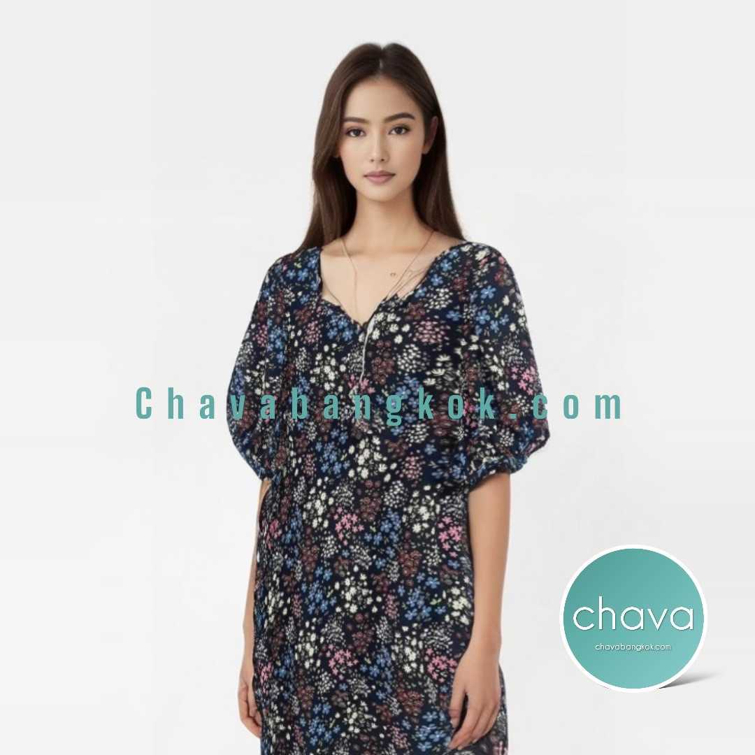 NEW!! Mini Dress เดรสสั้น (สีดำ)  ลายกราฟฟิคดอกไม้หลากสี กระดุมหลัง กระเป๋า 2 ข้าง