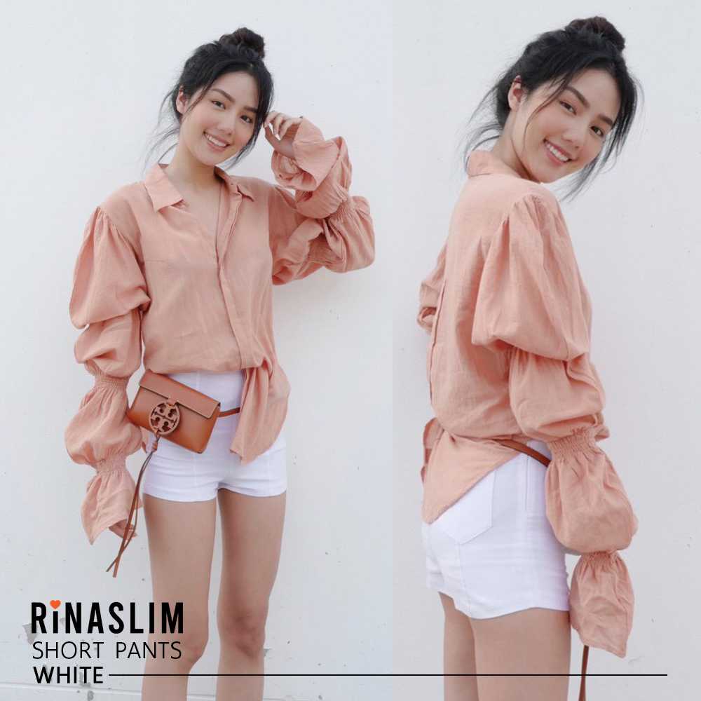 RINASLIM กางเกงขาสั้นกางเกง เอวสูง สีขาว กางเกงลิซ่า ทรงเกาหลี