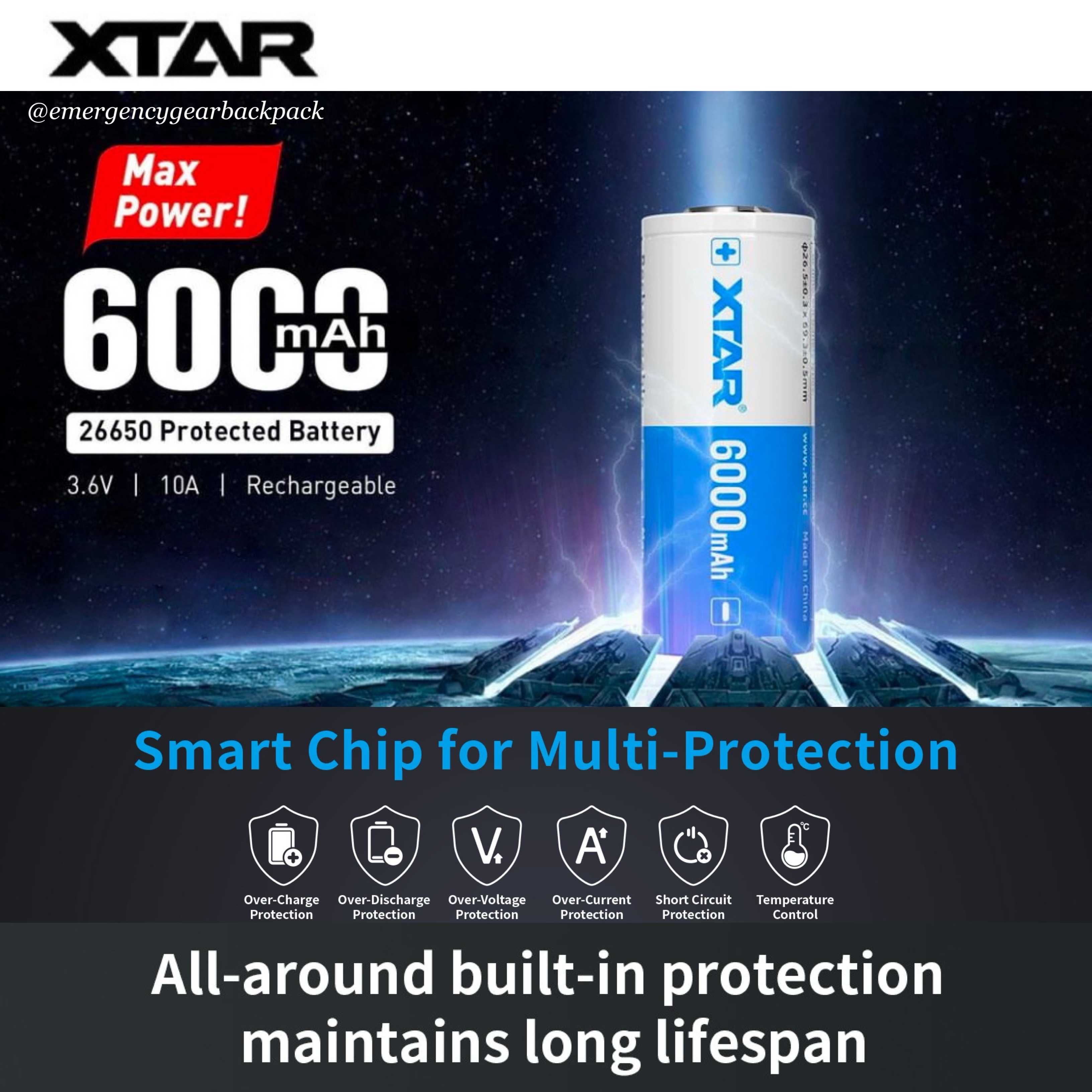 XTAR 26650 6000mAh 3.6V 10A Big Button Top Li-ion Rechargeable Battery