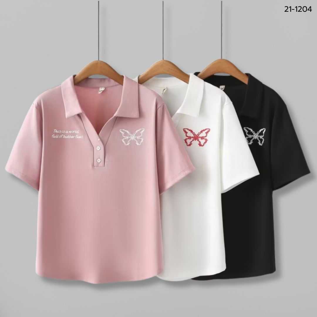 21-1204 เสื้อยืดคอปกสกรีนผีเสื้อ