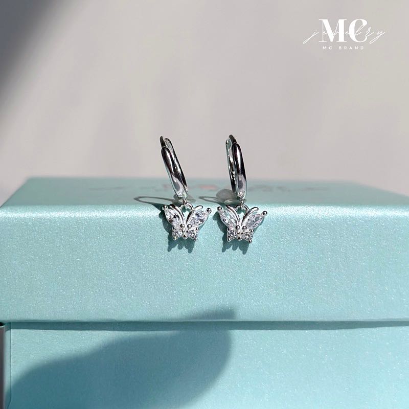 ต่างหูห่วงเงินเเท้ ✨รุ่น  Butterfly Hoop 💎 I ✅ไม่ลอก ไม่แพ้✨แถมฟรีกล่องจิวเวลรี่และผ้าเช็ด✨
