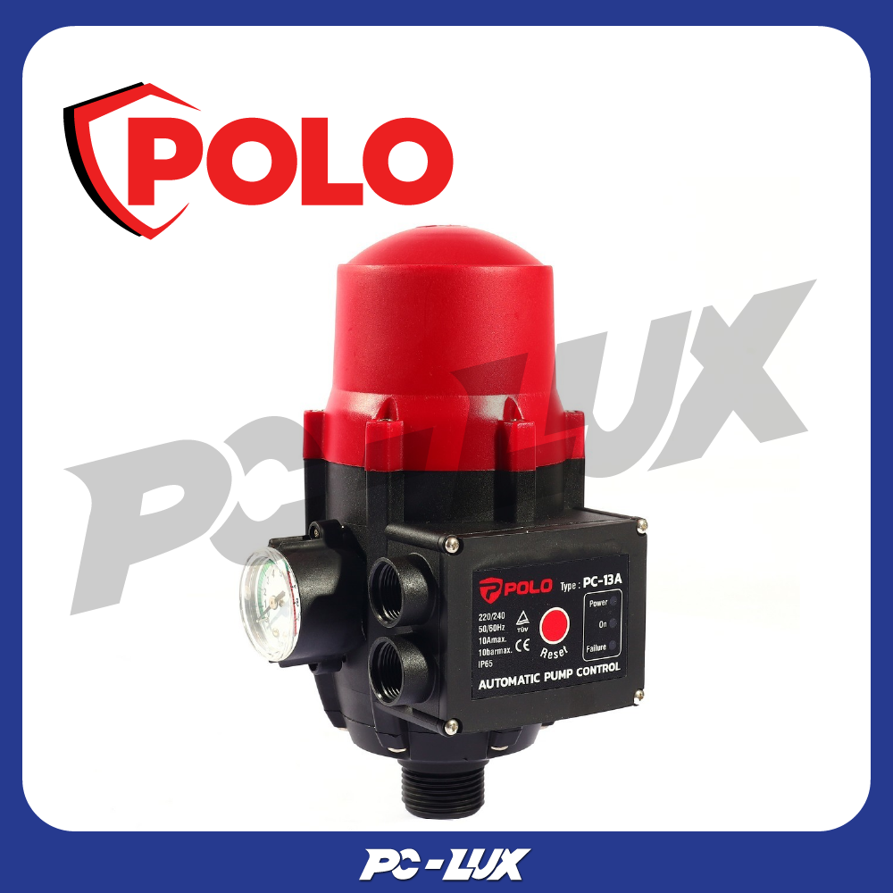 POLO สวิทช์ปั๊มน้ำอัตโนมัติแบบมีเกจ 1100 วัตต์ แรงดัน 10 บาร์ รุ่น PC-13A