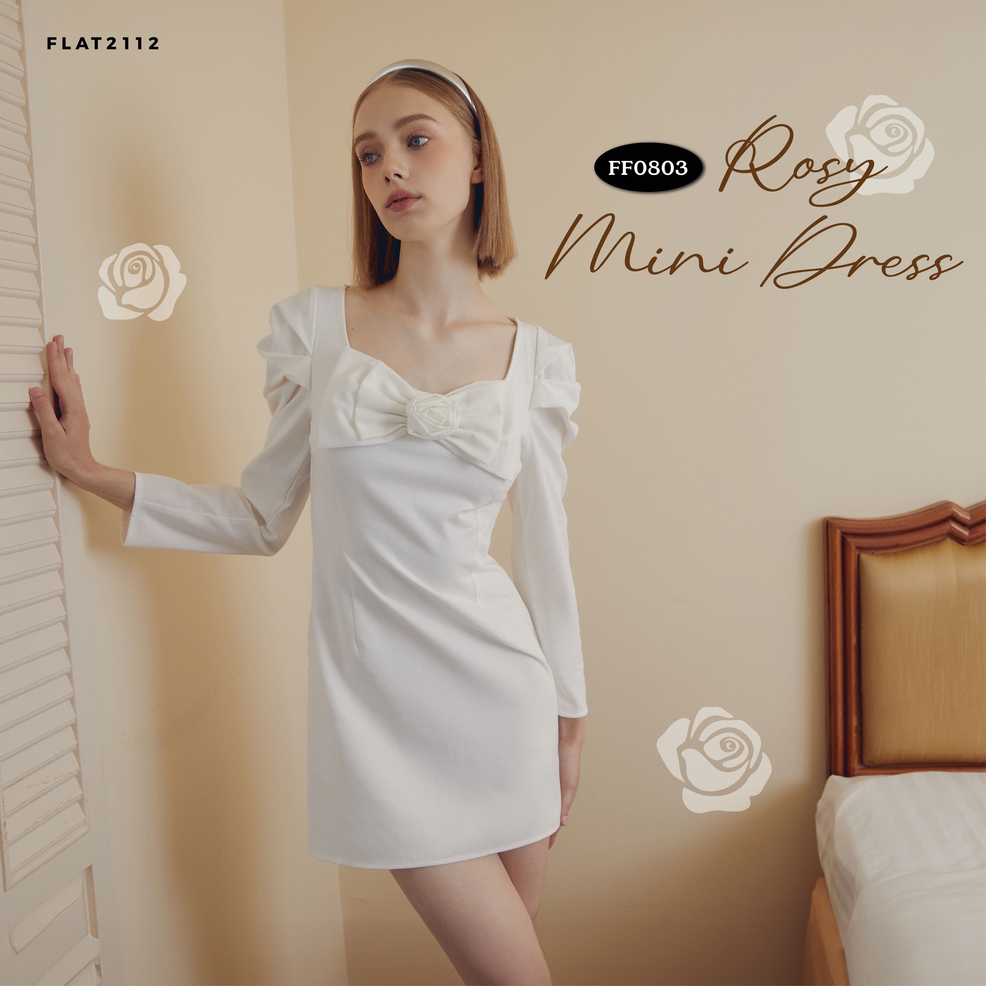 FLAT2112 FF0803 : ROSY MINI DRESS มินิเดรส แขนพองยาว แต่งโบว์ดอกไม้กลางอก