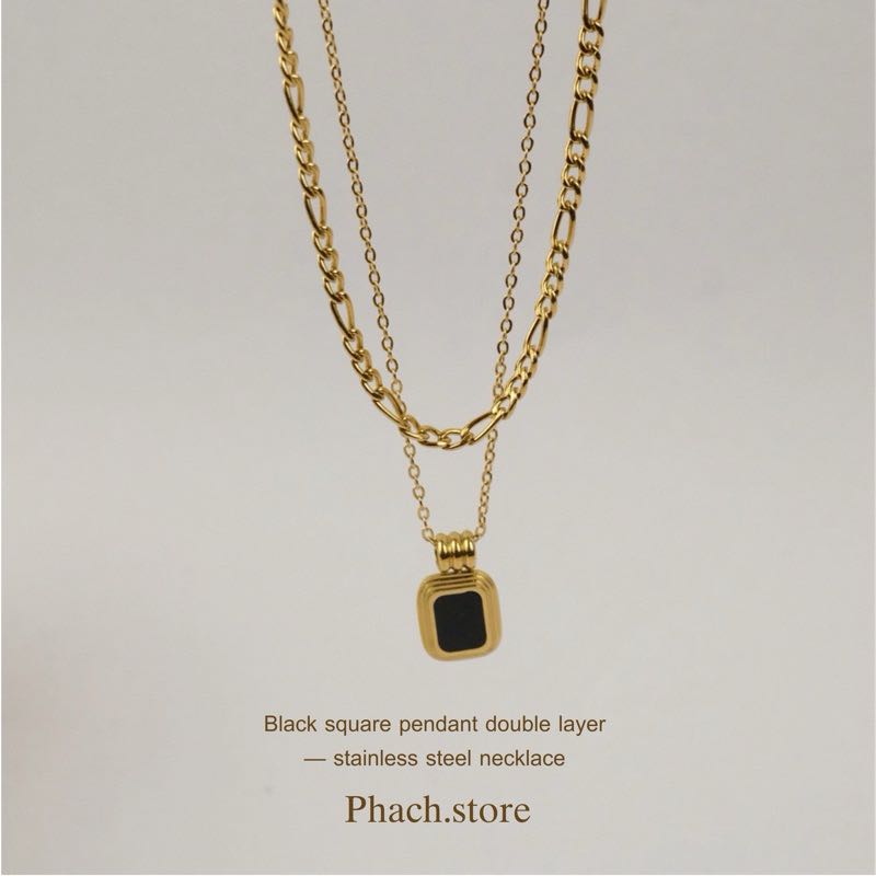 Black square pendant double layer  — stainless steel necklace