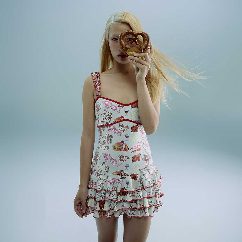 BLACKDOG BKK - RS2402 - All I need EAT food dress - เดรสสั้นผ้ายืดพิมพ์ลายตกแต่งระบาย