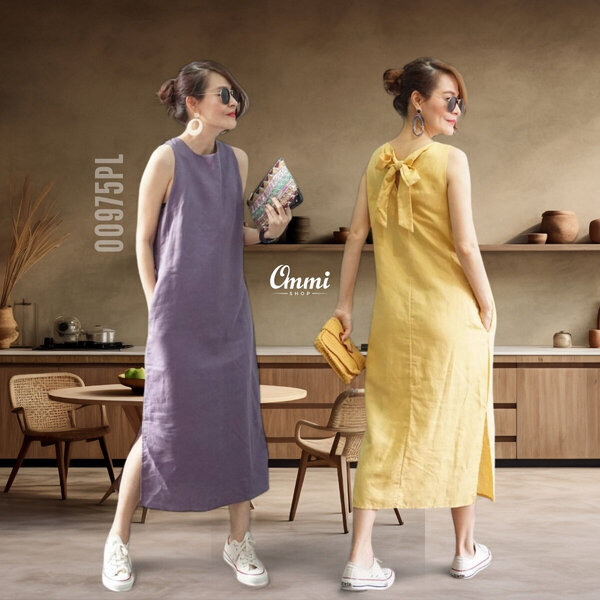 Ommishop 00975PL ชุดเดรสแฟชั่น ผ้าลินิน งานมีซับในยอดฮิต โบว์ผูกด้านหลัง (PUP)[00975]