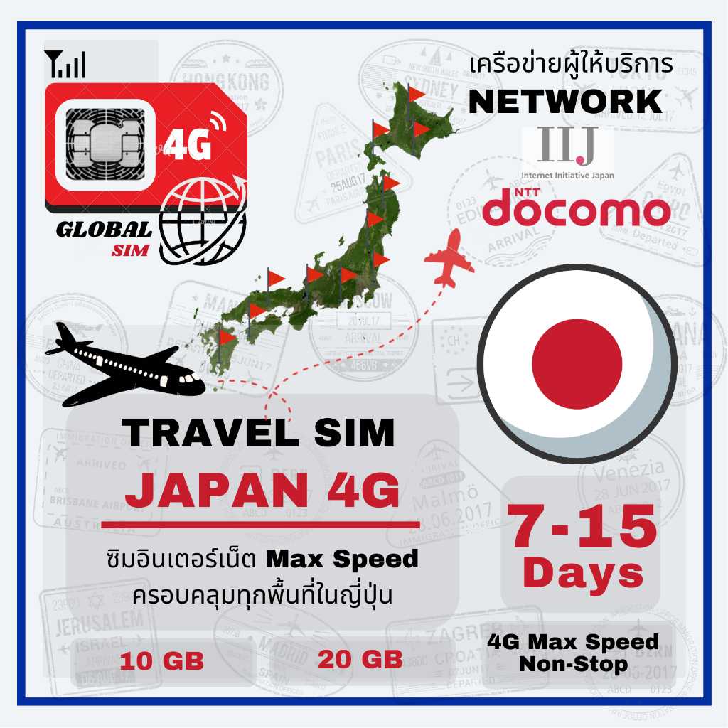 Japan SIM ซิมญี่ปุ่น iij & Docomo 7-15 Days 4G Max speed data usage non-stop