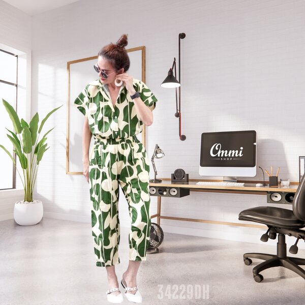 Ommishop 34229DH ชุดเซ็ท เสื้อคอปก และกางเกงขาจีบ ลายดอก Dot Hit Cotton Japan 100% (Bonus)[34229]