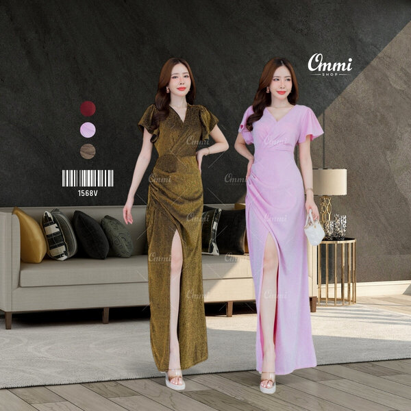 Ommishop ชุดราตรี 1568V เสื้อคอวีแขนสั้น ผ้า Glitter เดรสออกงาน ชุดงานแต่ง เพื่อนเจ้าสาว