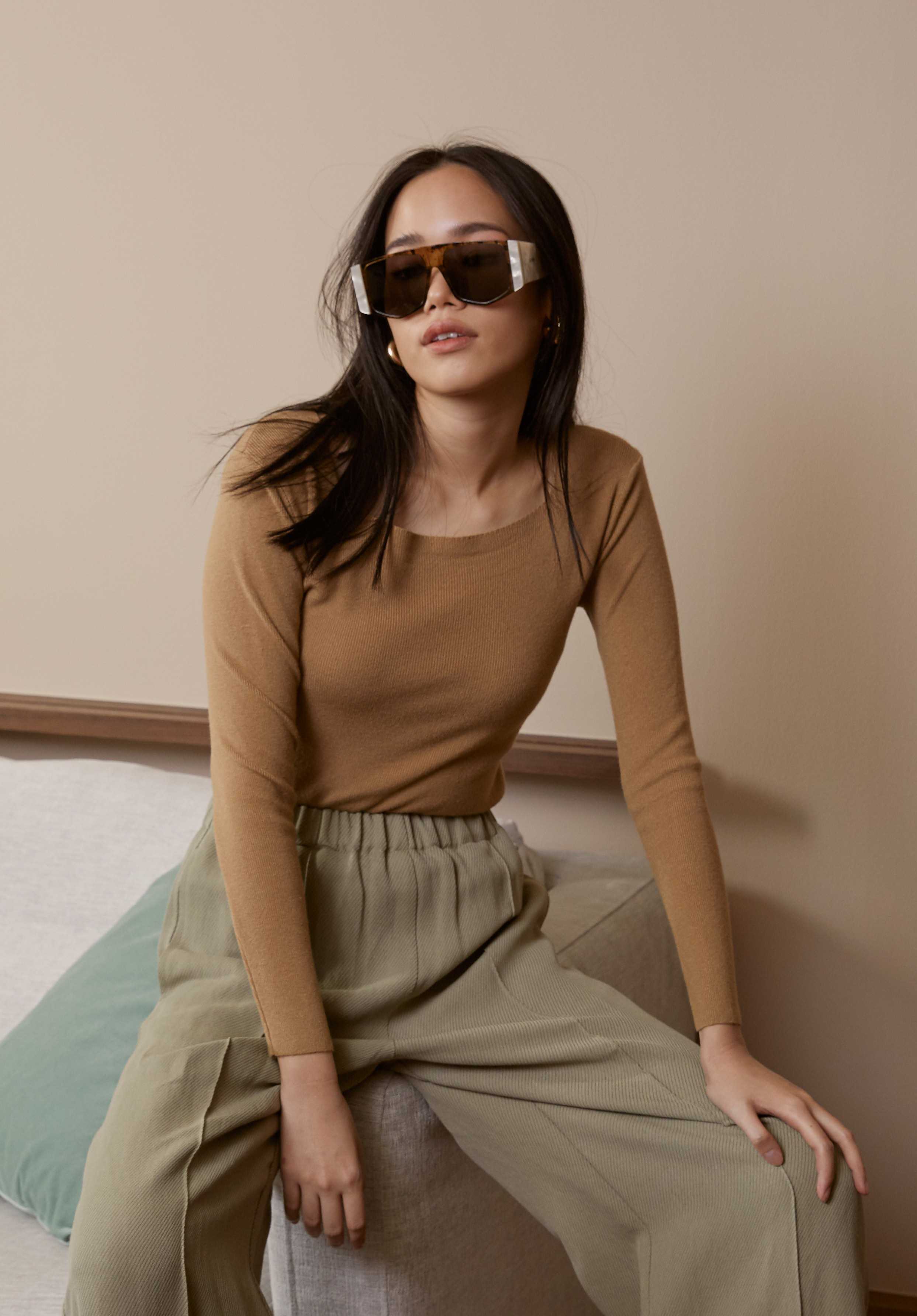 Square Neck Long Sleeve Ribbed-Knit Top